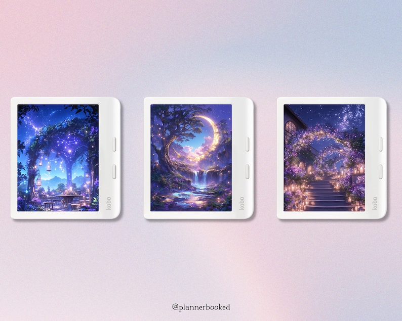 May include: Three white e-readers with different fantasy-themed images on their screens. The images feature a moon, stars, and a waterfall. The e-readers are all from the Kobo brand.