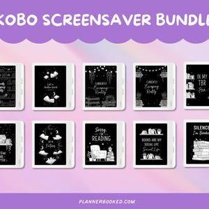 Könnte beinhalten: Ein Bundle von Kobo-Bildschirmschonern mit Schwarz-Weiß-Grafiken und Text. Jeder Bildschirmschoner zeigt ein anderes Design, einschließlich Zitate über das Lesen und Bücher. Der Text "KOBO SCREENSAVER BUNDLE" befindet sich oben.