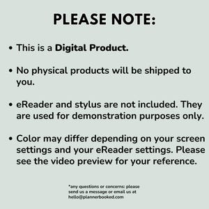 May include: A light green background with the text "PLEASE NOTE:" in bold black font. Below, bullet points detail the product as a digital item, with no physical shipping, and that the eReader and stylus are not included. The text also mentions color variations.