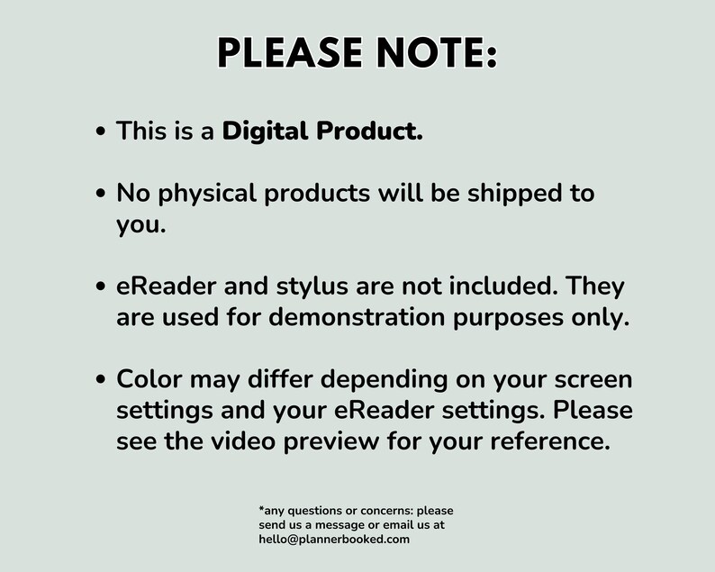 May include: A light green background with the text "PLEASE NOTE:" in bold black font. Below, bullet points detail the product as a digital item, with no physical shipping, and that the eReader and stylus are not included. The text also mentions color variations.