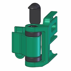May include: A green and black mechanical component with a hinged design. The component features a cylindrical body with black bands, a pivoting arm, and a black cap. The design appears to be a 3D rendering.