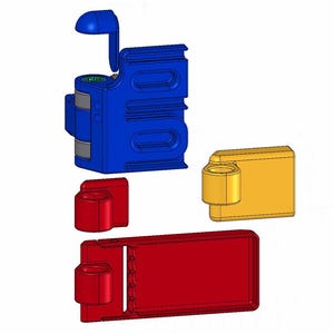 May include: A set of three plastic hinges in blue, red, and yellow. The hinges are designed for use in a variety of applications, such as doors, windows, and cabinets.