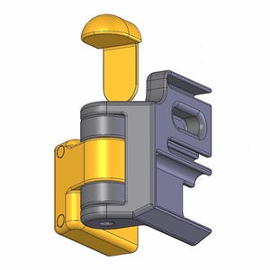 May include: A yellow and gray metal gate latch with a lever handle. The latch is designed to be mounted on a gate or fence.