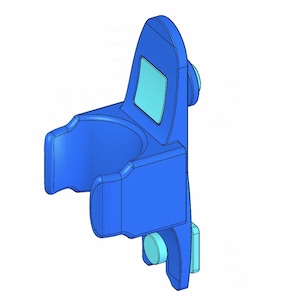May include: A blue plastic wall mount with a clip for holding a broom or mop. The mount has a rectangular opening on the back for attaching to a wall.
