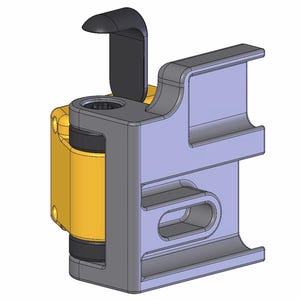 Pode incluir: Renderização 3D de um componente mecânico. O design apresenta um elemento cilíndrico amarelo, um suporte cinza com uma alça curva e uma estrutura de suporte azul claro. O componente tem uma estética industrial moderna.