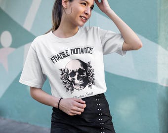 Skull Roses T-Shirt, Fragile Romance Rock Attitude Top, Porcelain Print Tee