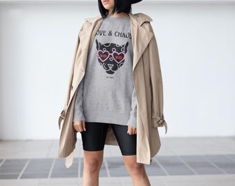 Leopard Love Chaos Sweatshirt, Sporty Chic Crewneck, Heart Glasses, Cozy Jumper