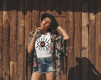 Eye Heart Love Graphic Tee, Boho Vibe Jersey Shirt, Everyday Style