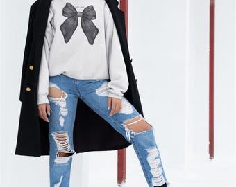 Black Bow Sweatshirt, Romantic Fashionable Trendy Style, Me and You Embroidery