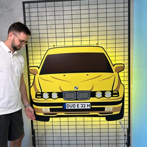 BMW E32 LED Car Wall Art, Custom Wooden Car Sign from Photo, Garage Gift for Him, Personalized BMW Decor, Retro Car Wall Display