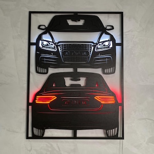 Decorazione murale 3D per auto Audi – Cartello anteriore e posteriore con LED – Regalo auto personalizzato per lui – Decorazione garage personalizzata – Decorazione murale per amanti Audi