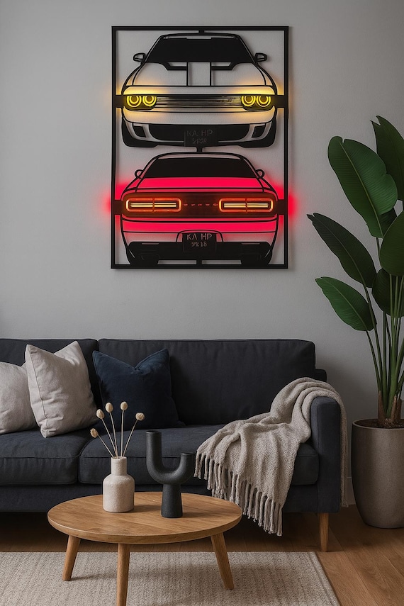 LED Dodge Challenger Wooden Wall Art: Illuminated Muscle Car Sign