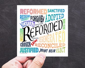Reformed Word Cloud Vinyl Sticker, Reformed Theology Sticker, Waterproof Vinyl Decal, Christian Computer Decal, Redeemed Chosen Forgiven