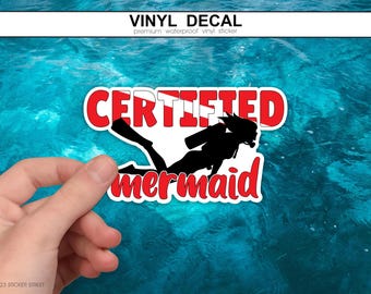 Certified Mermaid Sticker with Dive Flag, Scuba Diving Sticker for Women, Water Sports Sticker, Reef Life, Computer Decal, Car Decal