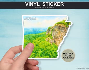 Pegatina del estado de Arkansas con el parque estatal Mount Magazine, calcomanía de vinilo con paisajes naturales para diario de viaje o álbum de recortes, recuerdo del estado en acuarela.