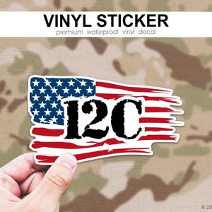 12C Army MOS Sticker with Flag, 12 Charlie Bridge Crewmember Decal, Combat Engineer Pride Vinyl, Military Job Specialty Sticker for Soldiers