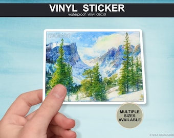 Pegatina del estado de Colorado con el pico Hallett, calcomanía de vinilo con paisaje natural para diario de viaje o álbum de recortes, recuerdo estatal en acuarela