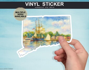 Pegatina del estado de Connecticut con puerto místico/calcomanía de vinilo escénica de Nueva Inglaterra para diario de viaje o álbum de recortes, recuerdo del estado en acuarela
