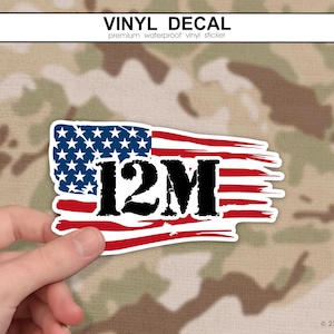 12M Sticker with American Flag, Army Firefighter | 12 Mike MOS Gift, Military Fire Rescue, Combat Engineer Branch,Patriotic Gift for Soldier