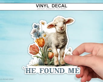 Él me encontró. Calcomanía cristiana con oveja, pegatina de cordero con versículo bíblico, salvado por gracia, pegatina para diario bíblico, oveja perdida encontrada por Jesús.