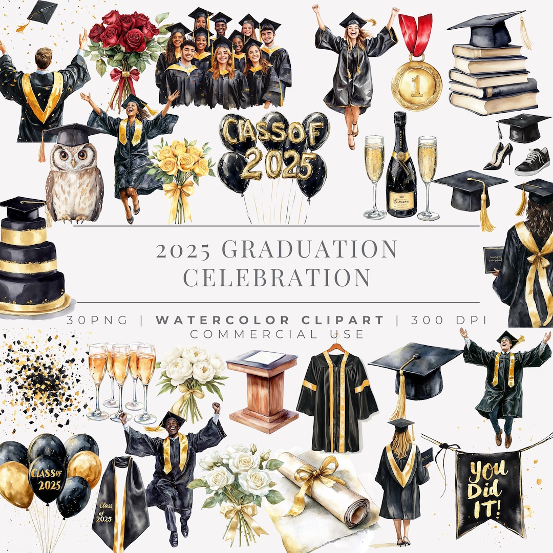 30 Graduation Clipart 2025 Bundle | Black Gold Watercolor PNG | Class ...