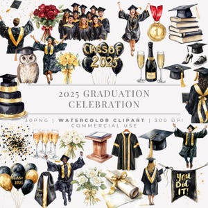 Pacote com 30 cliparts para formatura 2025 | Aquarela preta e dourada PNG | Turma de 2025 | Sublimação, POD, canecas, sacolas, adesivos, cartões | 300 DPI
