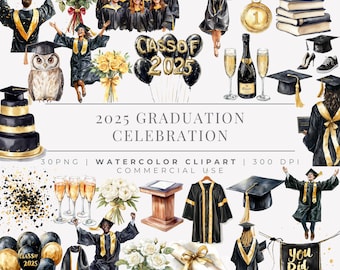 30-års examen Clipart 2025 Bundle | Svartguld akvarell PNG | Årskurs 2025 | Sublimering, POD, Muggar, Totes, Klistermärken, Kort | 300 DPI