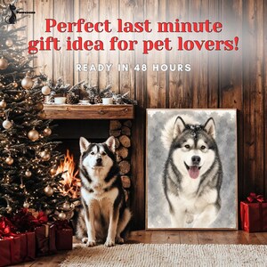 May include: A festive image with a Husky dog by a Christmas tree and fireplace. A framed watercolour painting of a dog is also present. The text says "Perfect last minute gift idea for pet lovers!" and "Ready in 48 hours."