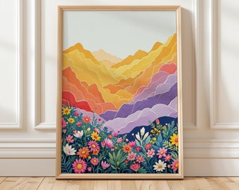 Abstract Mountain Floral Art Print: Modern Patchwork Wall Decor (Digital Download)
