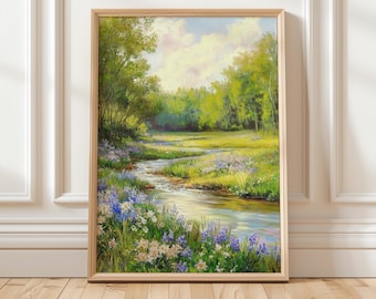 May include: A painting of a winding river flowing through a lush green meadow with wildflowers in shades of purple and white. The river is surrounded by trees and a bright blue sky with fluffy clouds.