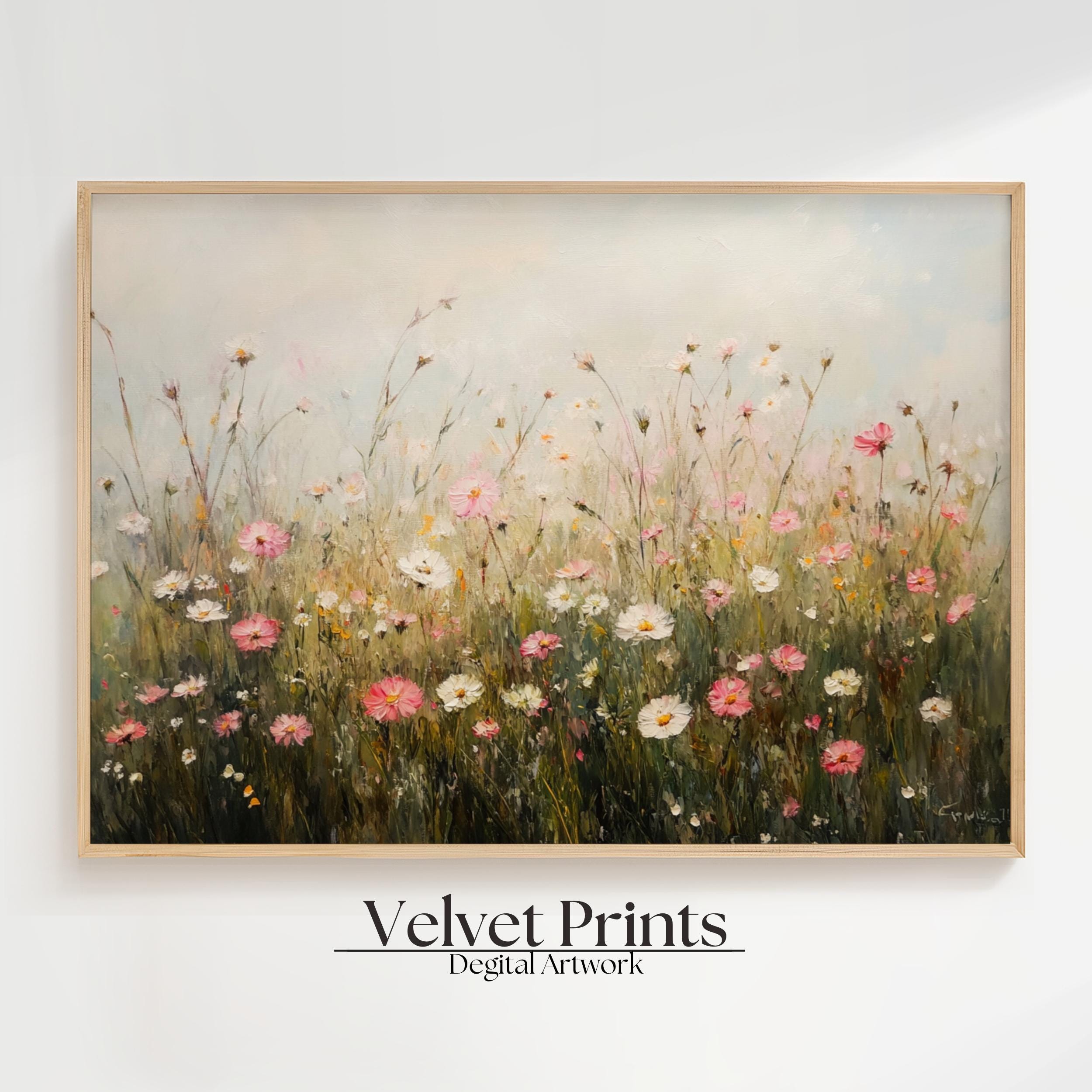 野生の花畑の絵画：ヴィンテージピンクの花の風景画（デジタル 