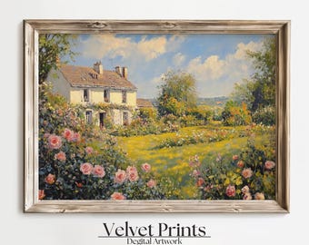 French Countryside Rose Garden Painting: Vintage Cottage Print (Digital Download)