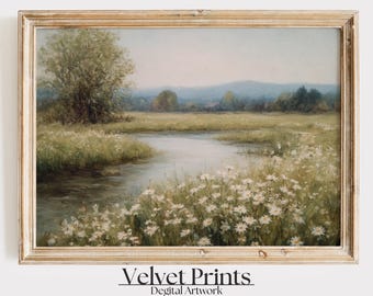 野花の草原の風景画：ヴィンテージファームハウスウォールアート（デジタルダウンロード）