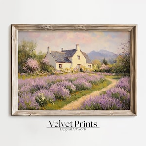 Lavender Cottage Wall Art, Impressionist Landscape Print, Vintage Countryside Painting, Provence French Farmhouse Decor