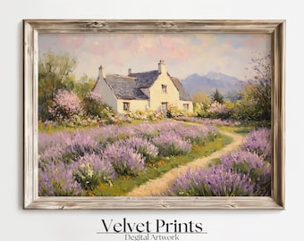 Arte mural de cabaña de lavanda, impresión de paisaje impresionista, pintura campestre vintage, decoración de casa de campo francesa provenzal