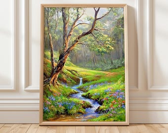 野花の川の風景油絵：素朴な農家のアート（デジタルダウンロード）