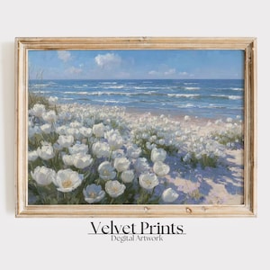 Coastal Wildflower Field Painting: Beach Ocean View (Digital Download)