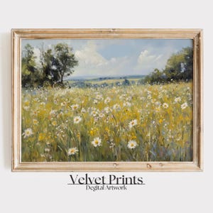 Summer Wildflower Field Landscape Print, Yellow Floral Landscape Wall Art, Vintage Summer Meadow Decor, Impressionist Nature Digital