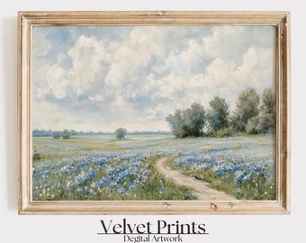 May include: A painting of a field of blue wildflowers with a dirt path leading through the center. The sky is a light blue with fluffy white clouds. There are trees in the background.