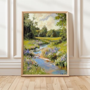 Vintage Frühlingsdrucke, Wildblumen Landschaftsmalerei druckbare Kunst, ruhige Landschaft Wandkunst, Wiesenmalerei, rustikale Wohnkultur