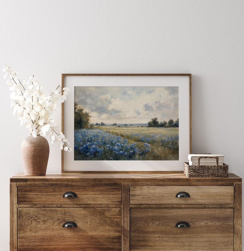 Blue Wildflower Meadow Oil Painting: Vintage Country Landscape Art ...