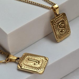 Personalized Medal Letter Necklace, Gold Initial Square Pendant, Monogram Name Jewelry