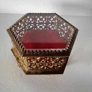 Vintage Heavy Brass Filigree Jewelry Trinket Box with glass lid