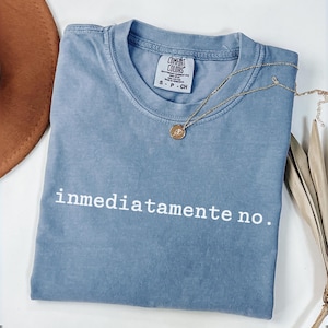 May include: A blue Comfort Colors t-shirt with the phrase "inmediatamente no" in white lettering. A gold necklace with a pendant and a brown hat are also in the image.