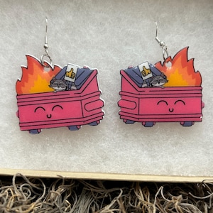 Kawaii dumpster fire earrings.. alilblingshop .. thumbs up earrings.. everything is fine .. dumpster earrings.. dangle earrings.. gifts