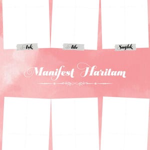 May include: A pink and white poster with the words "Manifest Haritam" in elegant script. The poster features six blank rectangular spaces, each labeled with a Turkish word, including "Aşk" and "Aile".