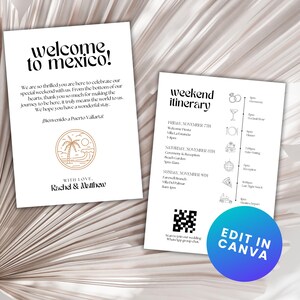 May include: A welcome to Mexico itinerary for a wedding weekend. The itinerary includes a welcome fiesta, ceremony and reception, farewell brunch, and a departure. The itinerary is decorated with icons representing each event.