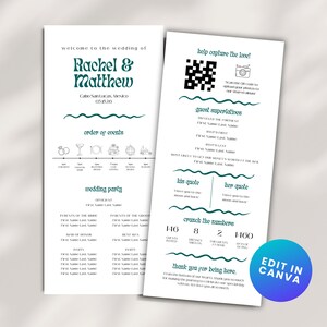 May include: A wedding invitation with a teal and white color scheme. The invitation features the names Rachel and Matthew, the date 03.15.20, and the location Cabo San Lucas, Mexico. The invitation also includes a QR code, a list of wedding party members, and a list of guest superlatives.