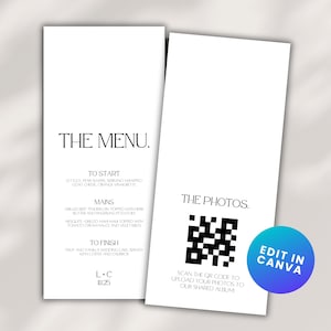 Langes minimalistisches Hochzeitsmenü 10x23 | Stilvolles doppelseitiges großes Abendmenü mit Foto QR-Code | Personalisierte Gestell Karte druckbare Canva Vorlage