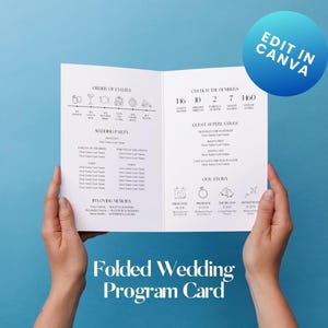 Cartão de boas-vindas de casamento minimalista | Programa de casamento dobrado 5x7 | Ordem dos eventos, código QR da foto, detalhes do dia | Modelo Canva para impressão